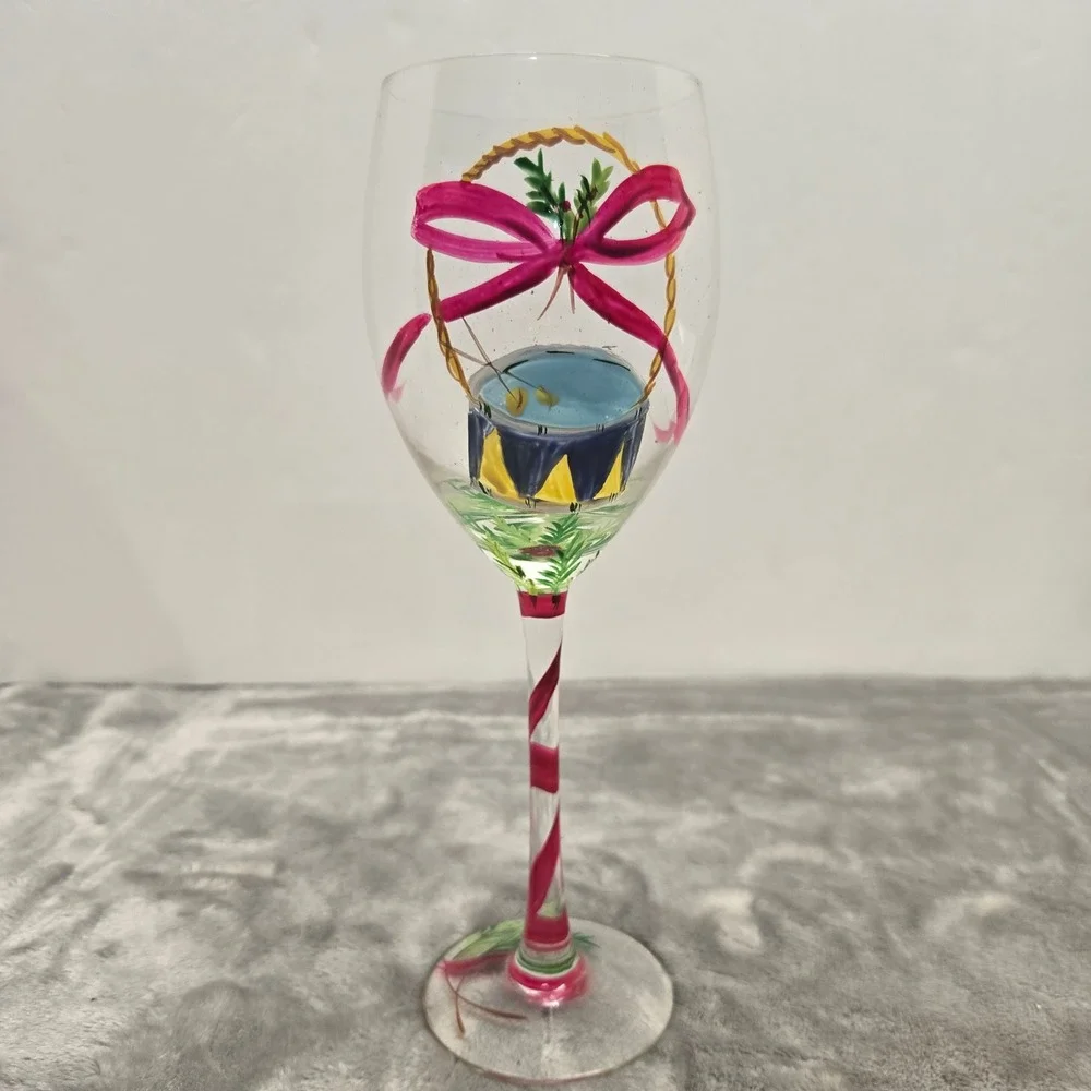 Hand Painted Christmas Wine Glass Holiday Drum Pink Bow Candy Cane Stem 9 inch